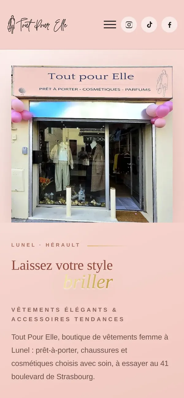 Site de Tout Pour Elle sur téléphone : vitrine de la boutique et accès aux réseaux sociaux