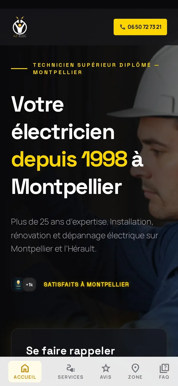 Site d’AZ Elec sur téléphone : bouton d’appel et barre de navigation en bas d’écran
