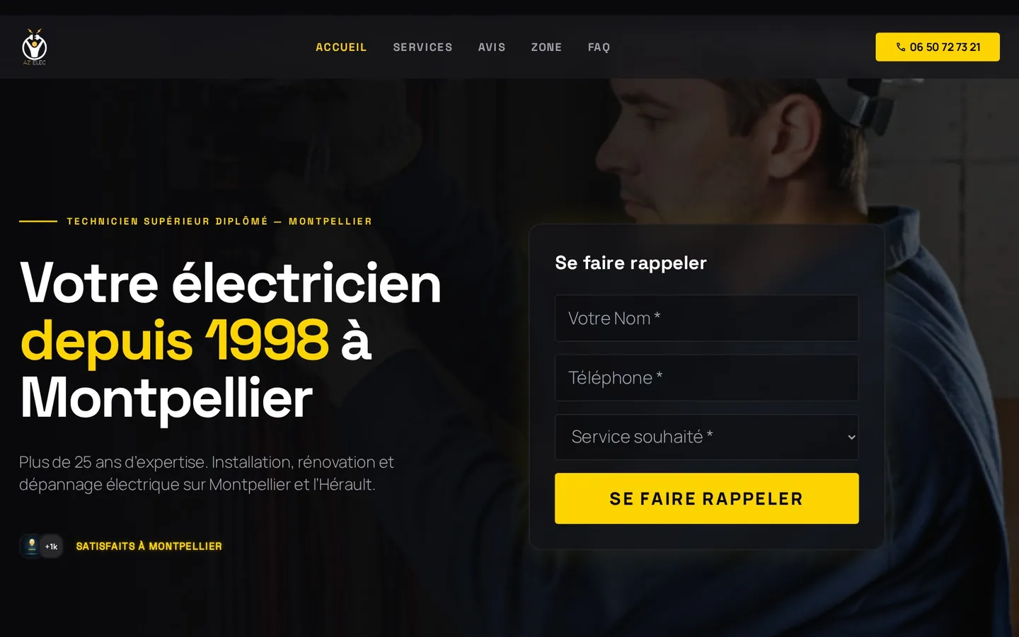 Site d’AZ Elec, électricien à Montpellier, réalisé par Cyberyweb : accueil et formulaire de rappel