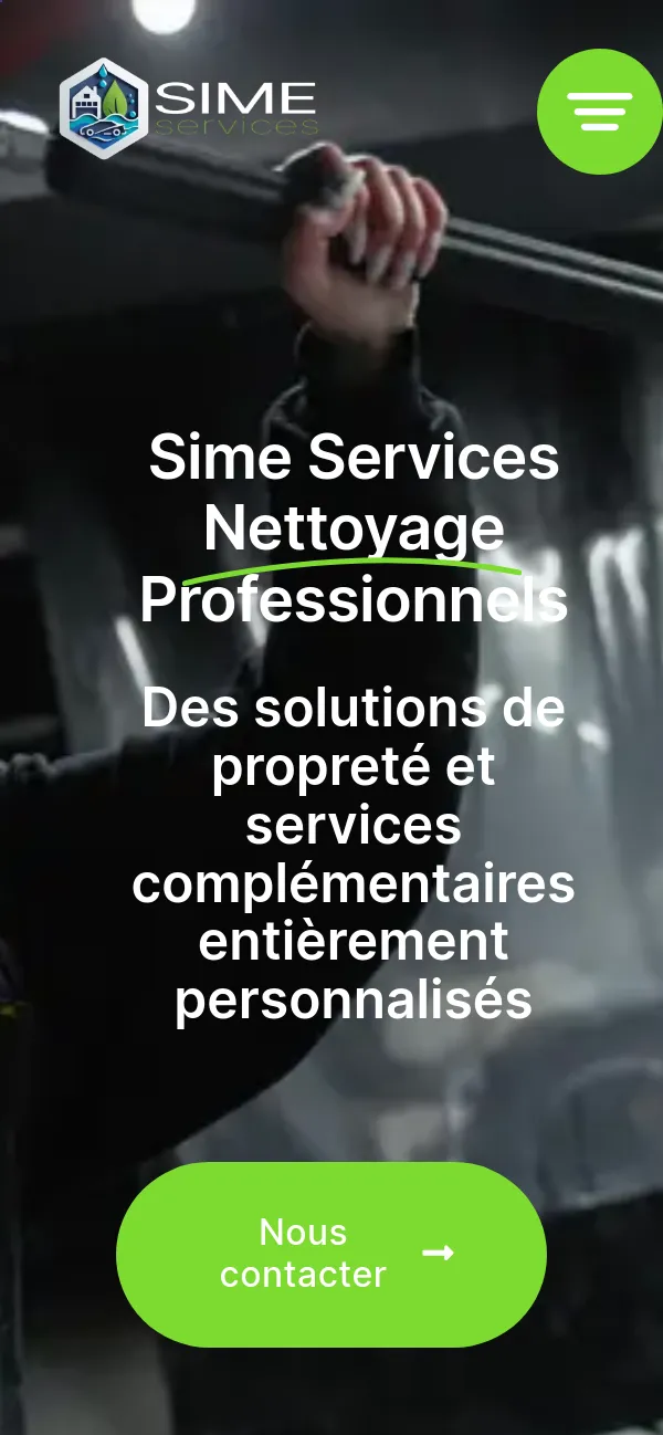 Site de Sime Services sur téléphone : titre et bouton de contact