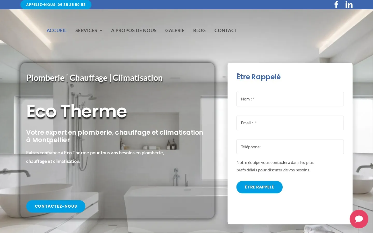 Site d’Eco Therme, plombier-chauffagiste à Montpellier, réalisé par Cyberyweb : accueil et formulaire de rappel