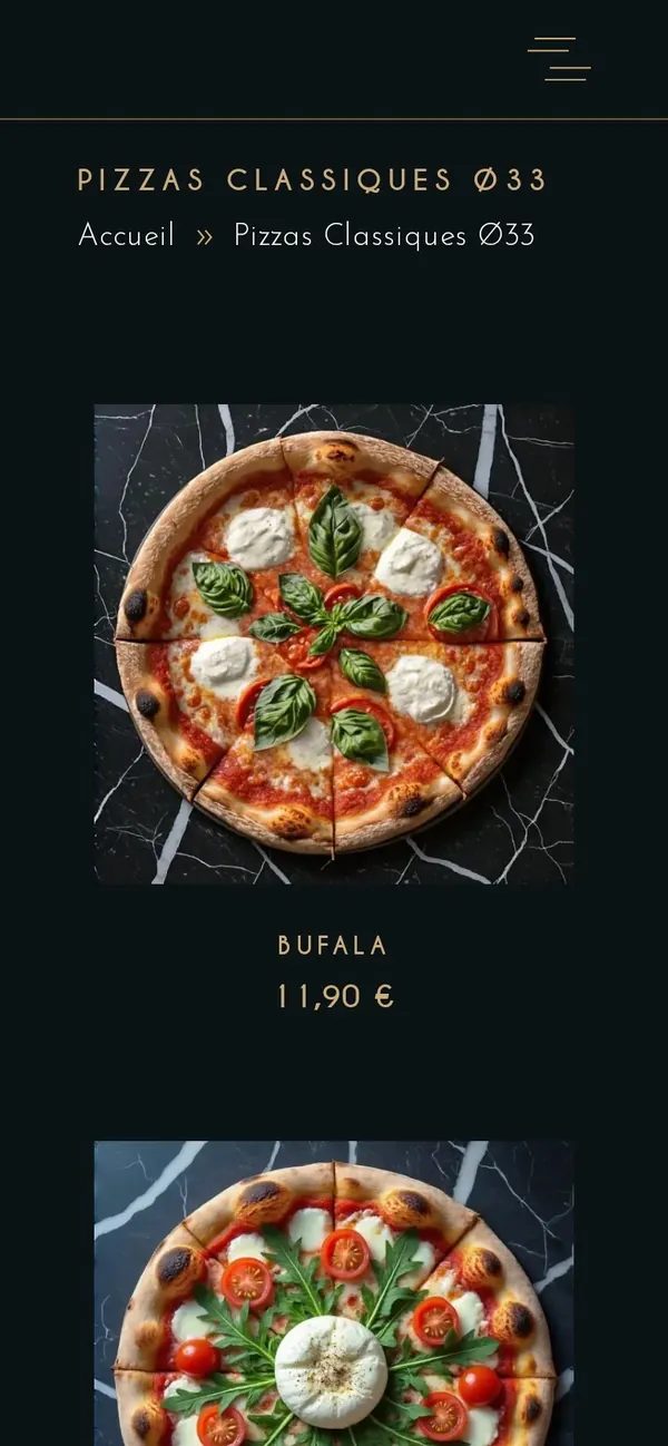 Carte des pizzas de La Belle Souad sur téléphone, avec photos et prix