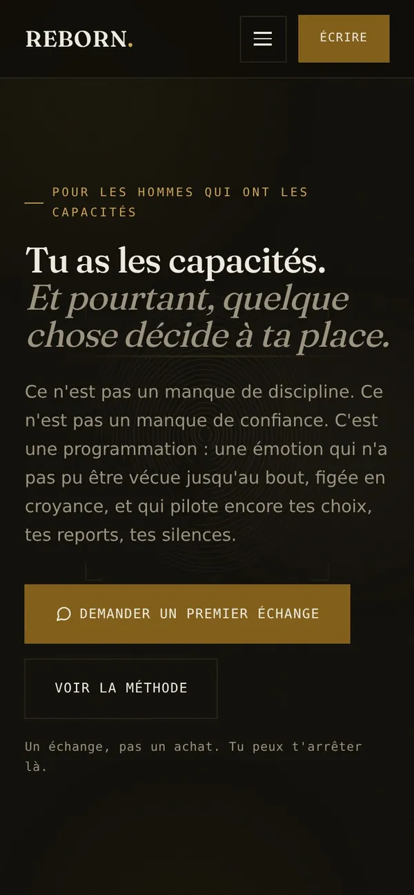 Site de REBORN sur téléphone : accroche et bouton pour demander un premier échange