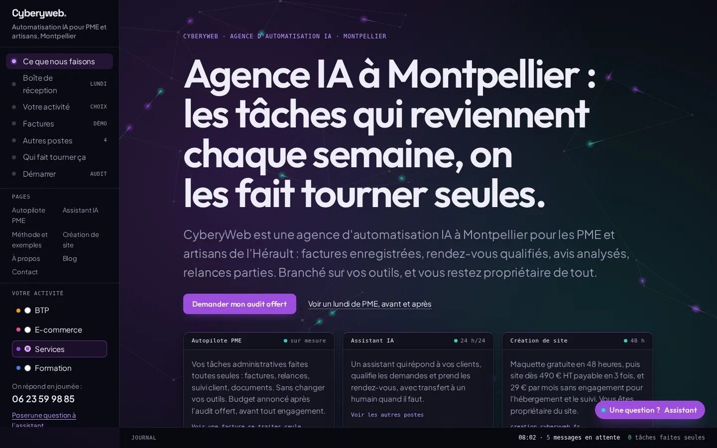 Accueil immersif de cyberyweb.fr réalisé par Cyberyweb : titre animé et parcours au défilement